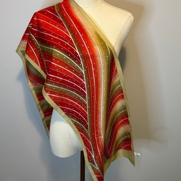 Vintage, Made in Italy, Red, Silver, Beige Scarf, Circa 1970s - Picture 1 of 6